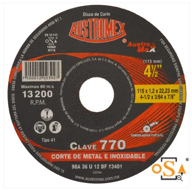 Clave 770 — 115 x 1.2 x 22.23 98A 36 U 12 BF13401 #