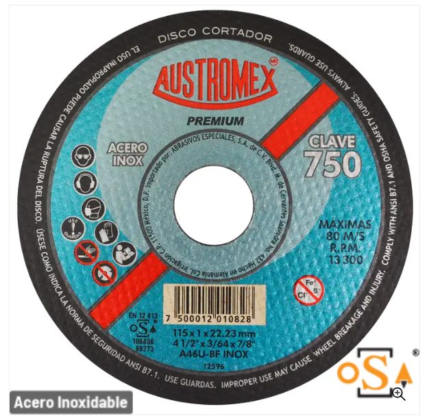 Clave 750 — 115x1x22.2 A46U BF INOX #